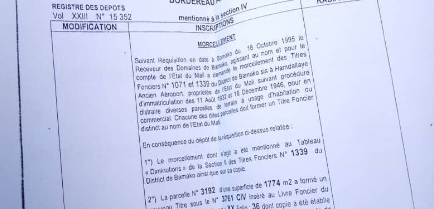 Terrain 1.774 m² en titre foncier à vendre – Hamdallaye ACI 2000