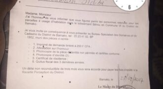 Terrain 250 m² (12,50/20) à vendre – Sénou, Bamako