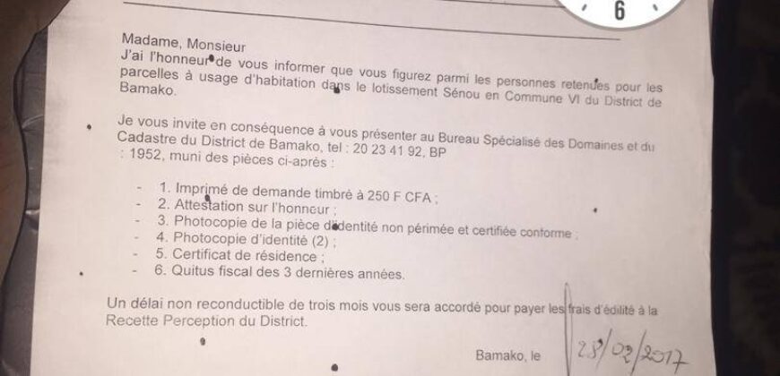 Terrain 250 m² (12,50/20) à vendre – Sénou, Bamako
