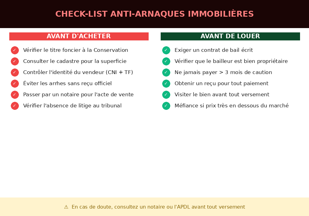 Check-list anti-arnaques immobilières Mali : vérifications avant d'acheter ou louer un bien