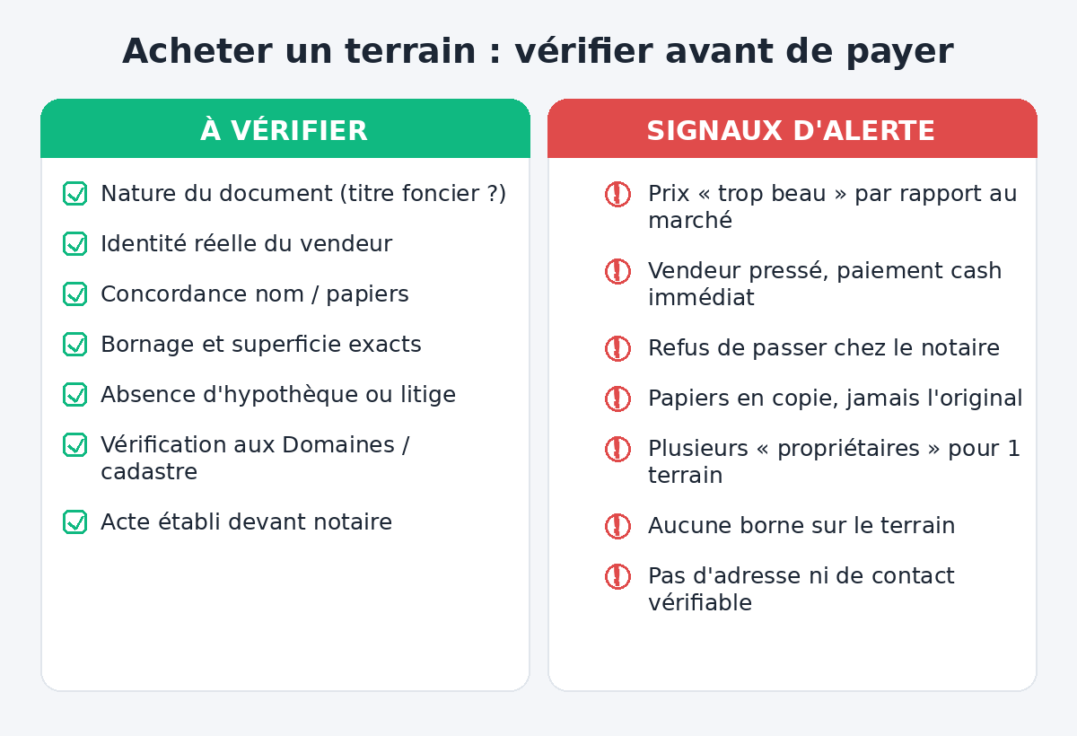 Checklist de vérification avant l'achat d'un terrain au Mali et signaux d'alerte d'arnaque