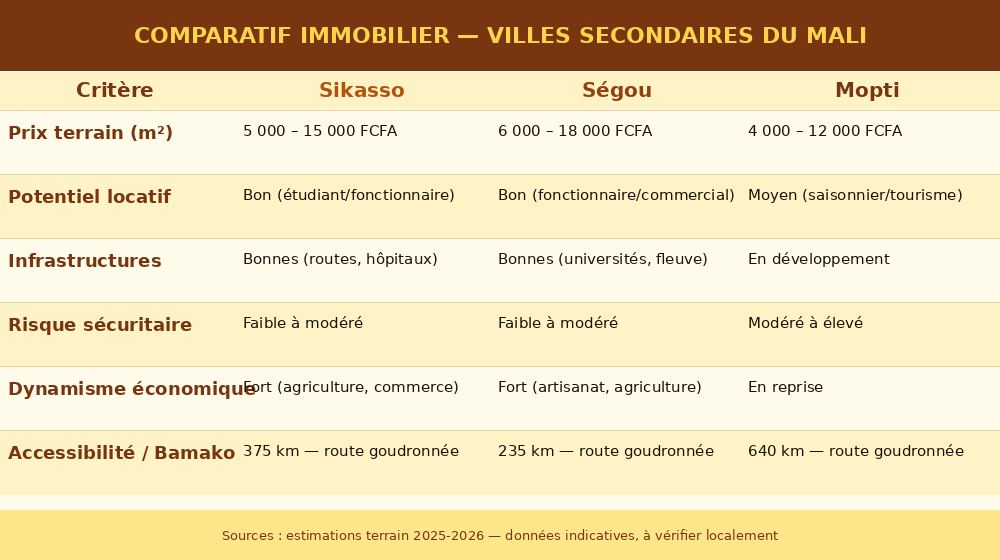 Tableau comparatif immobilier Mali : prix terrain, potentiel locatif, risques à Sikasso, Ségou et Mopti