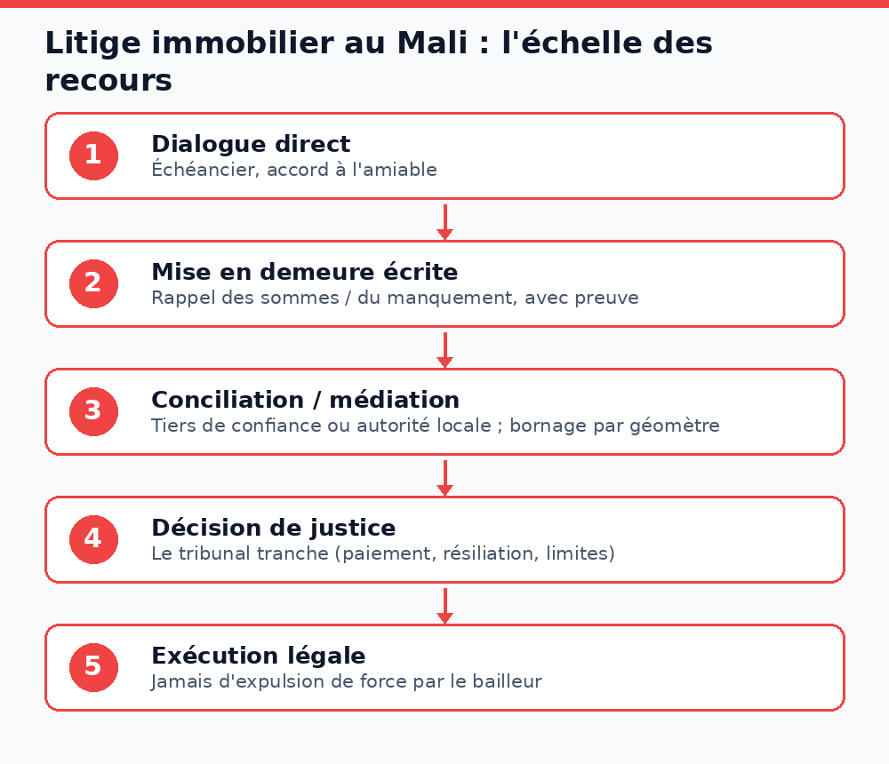 Schéma de l'échelle des recours d'un litige immobilier au Mali : dialogue, mise en demeure, conciliation, justice, exécution