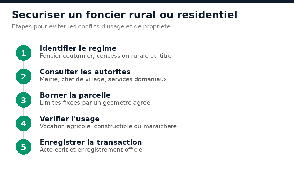 Étapes pour sécuriser un foncier rural ou résidentiel à Koulikoro : régime, autorités, bornage, usage, enregistrement
