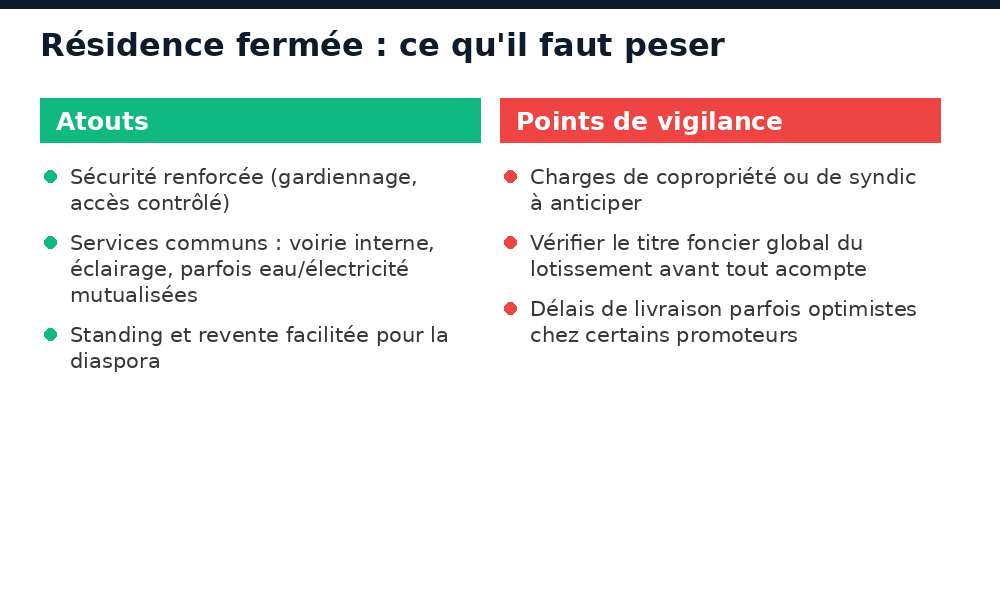 Atouts et points de vigilance avant d'acheter en résidence fermée à Bamako