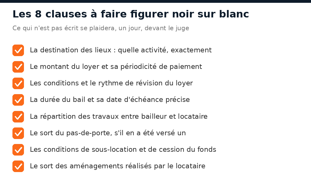 Les 8 clauses indispensables d'un bail commercial à Bamako : destination, loyer, révision, durée, travaux, pas-de-porte