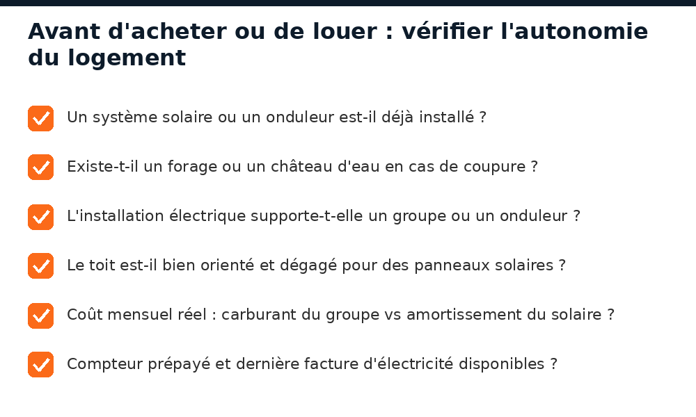 Points à vérifier sur l'autonomie énergie et eau avant d'acheter ou louer à Bamako