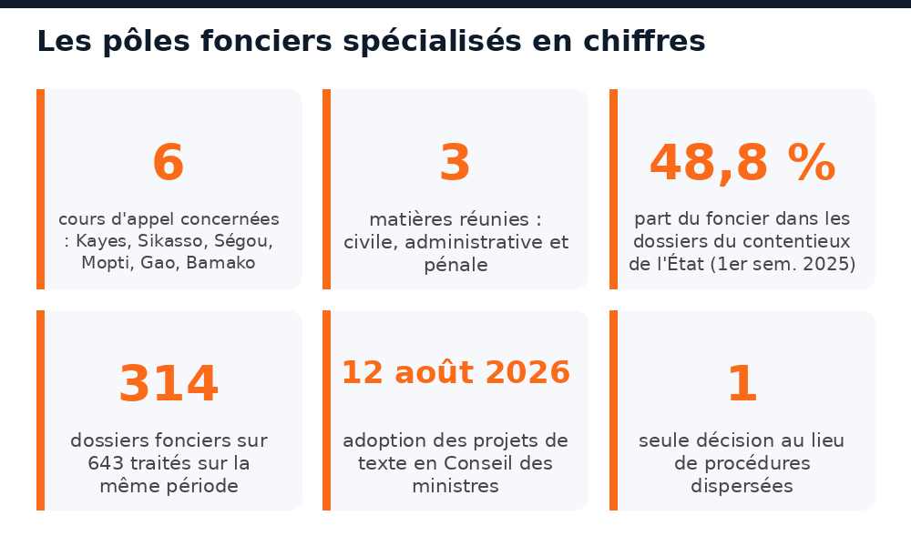 Chiffres clés des pôles fonciers maliens : six cours d'appel et trois matières réunies