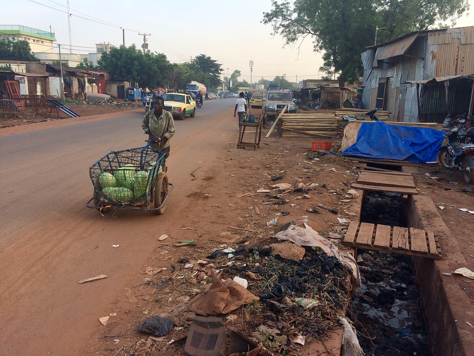 Rue en terre d'un quartier de Bamako bordée de commerces et d'habitations